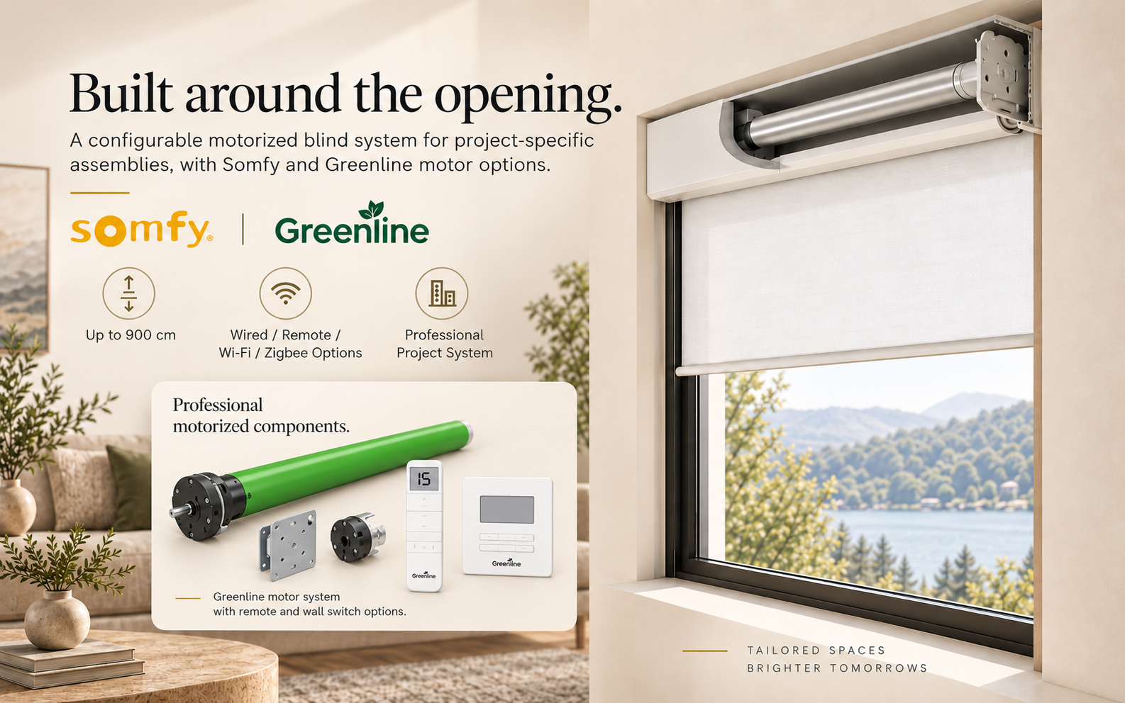 Motorized roller blind system with Somfy and Greenline motor, remote and wall switch options