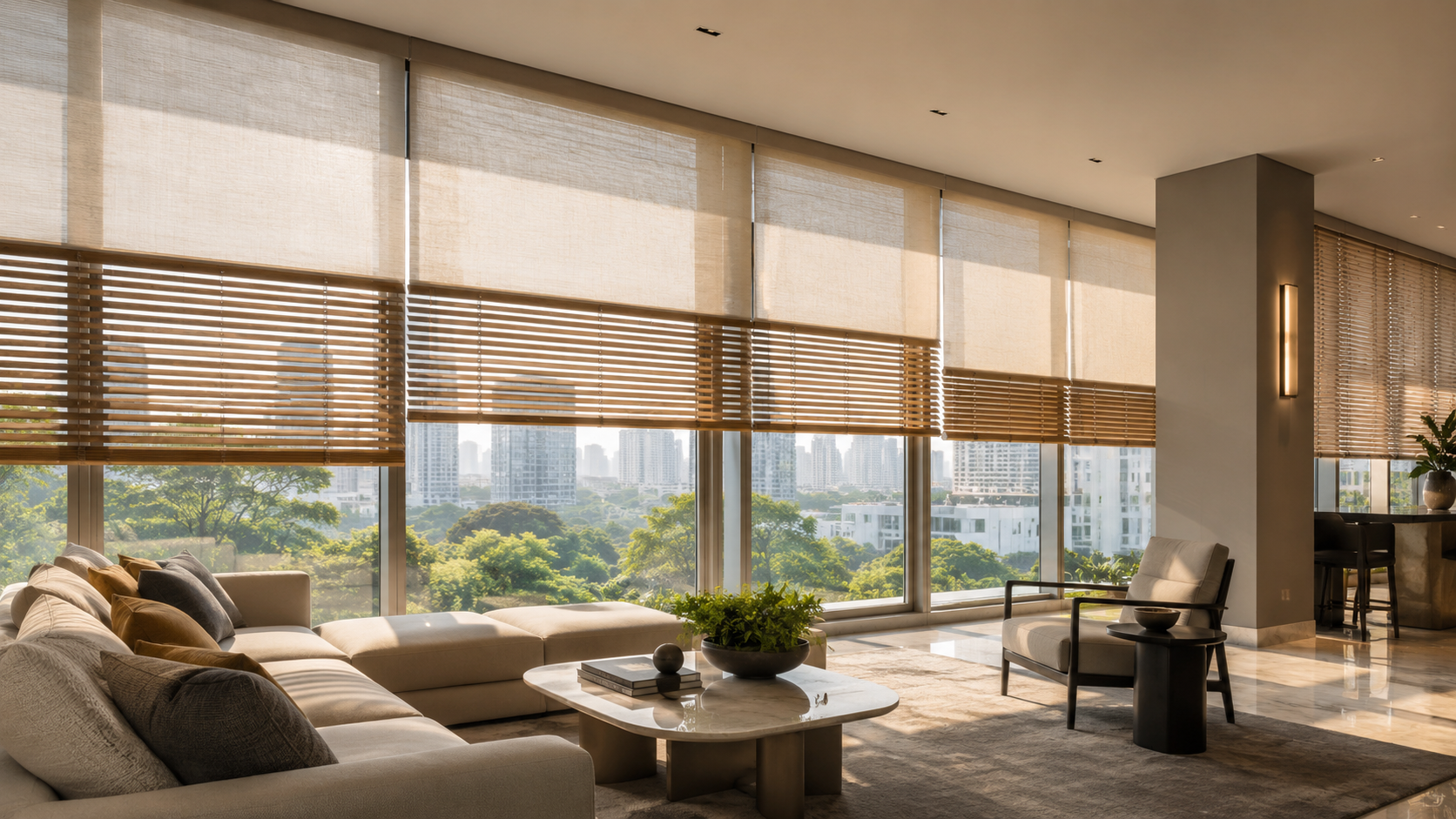 Sunscreen roller blinds and wood blinds filtering daylight in a glazed living space